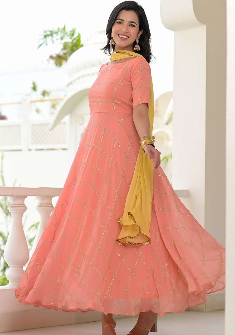 Peach Sequins Cotton Anarkali With Dupatta - Indya