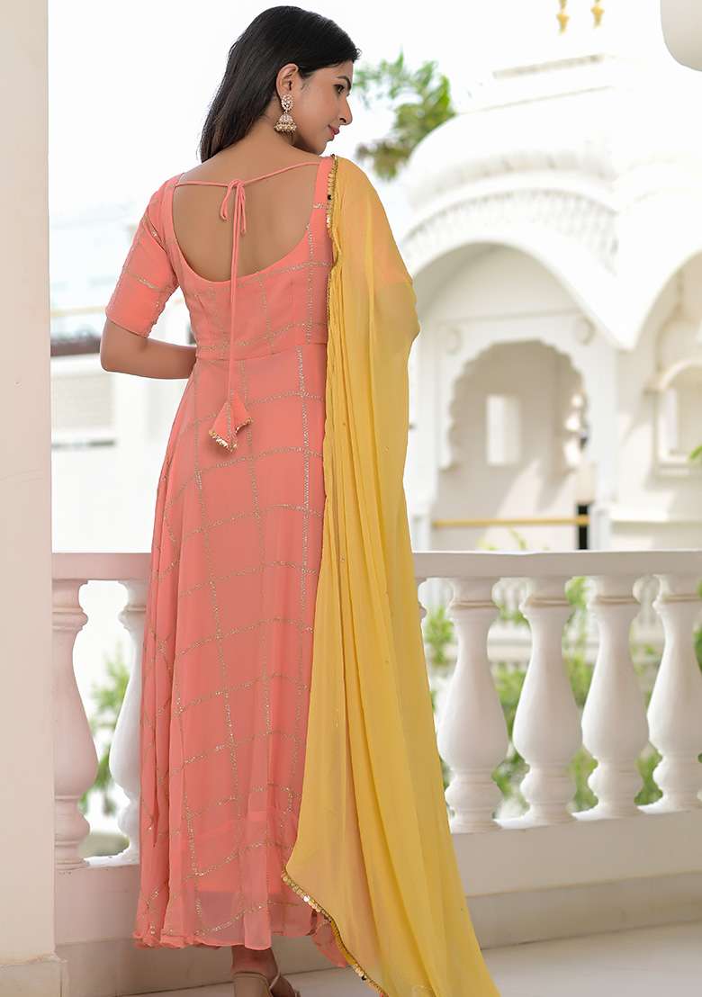 Peach Sequins Cotton Anarkali With Dupatta - Indya