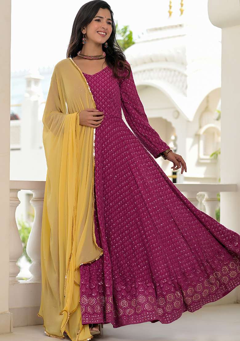 Wine Embroidery Cotton Anarkali With Dupatta - Indya