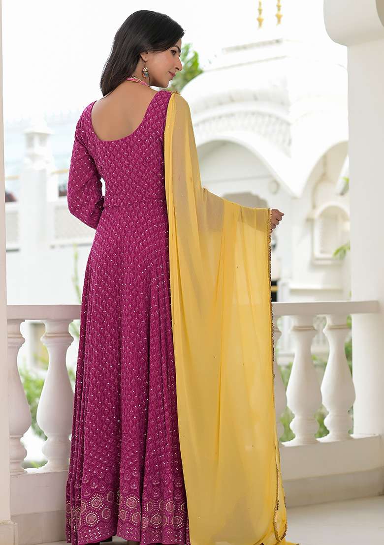 Wine Embroidery Cotton Anarkali With Dupatta - Indya