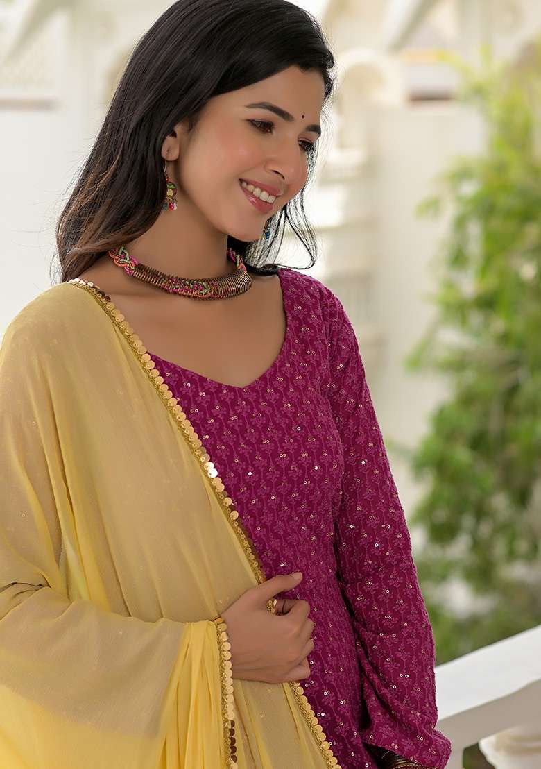 Wine Embroidery Cotton Anarkali With Dupatta - Indya