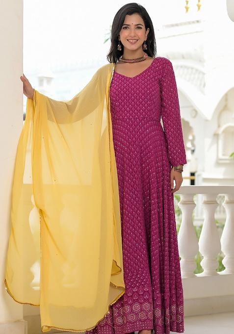 Wine Embroidery Cotton Anarkali With Dupatta