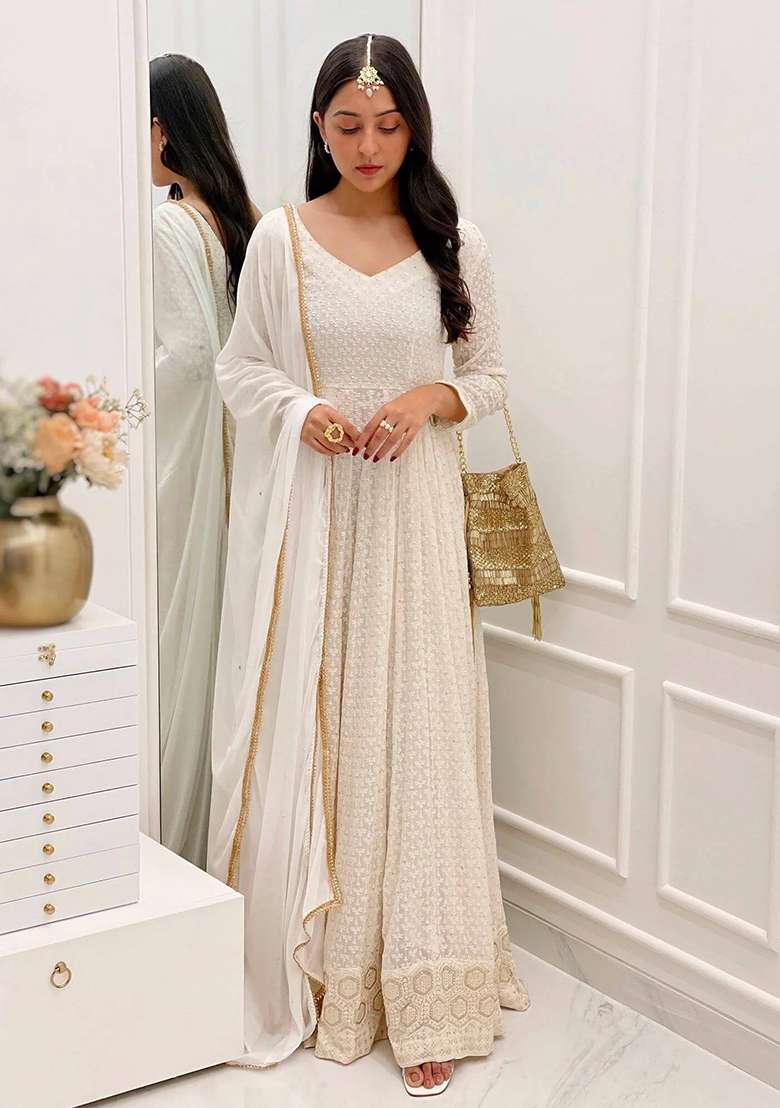 Ivory Bandhani Cotton Anarkali With Dupatta - Indya