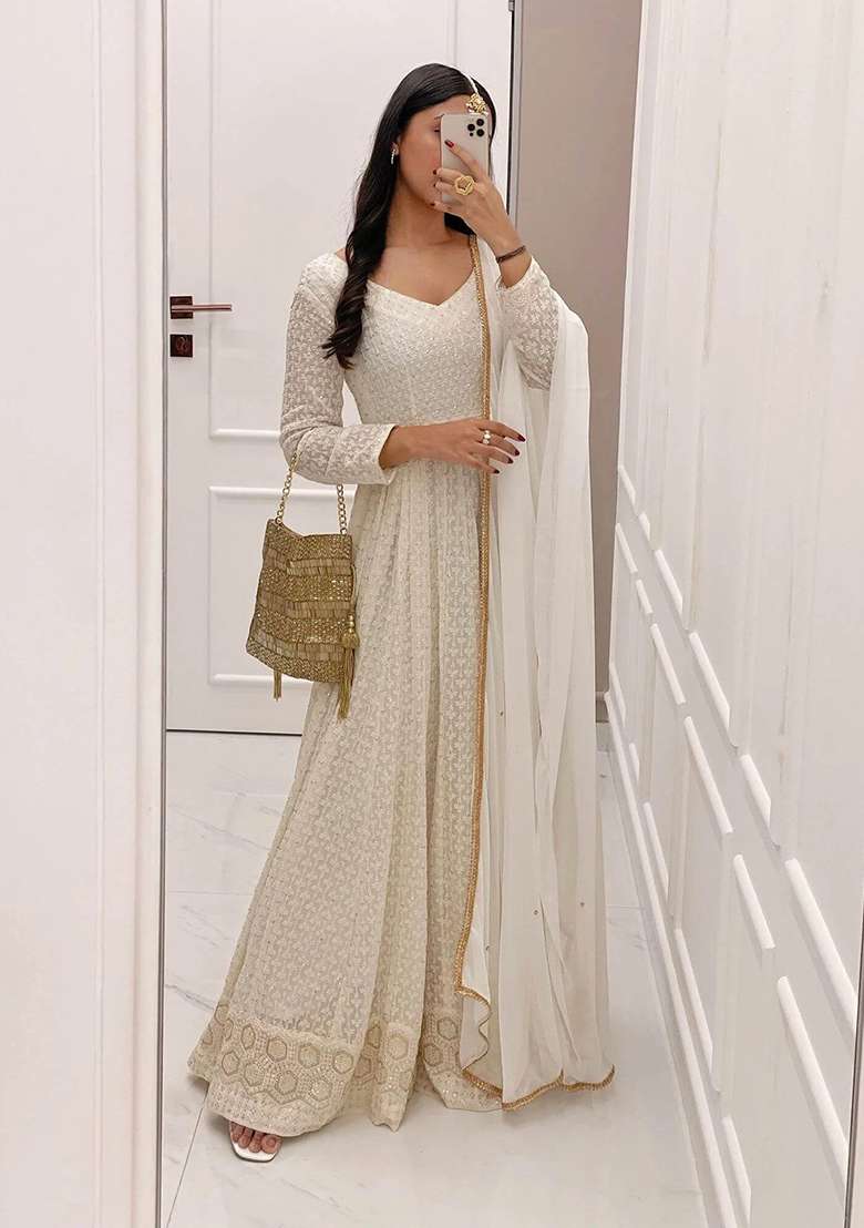 Ivory Bandhani Cotton Anarkali With Dupatta - Indya