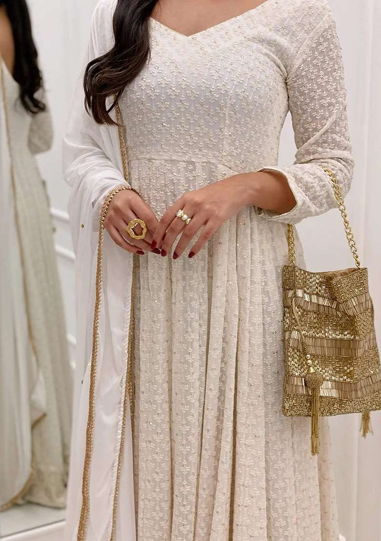 Ivory Bandhani Cotton Anarkali With Dupatta - Indya