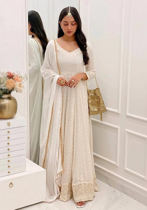 Ivory Motif And Bandhani Cotton Anarkali With Dupatta