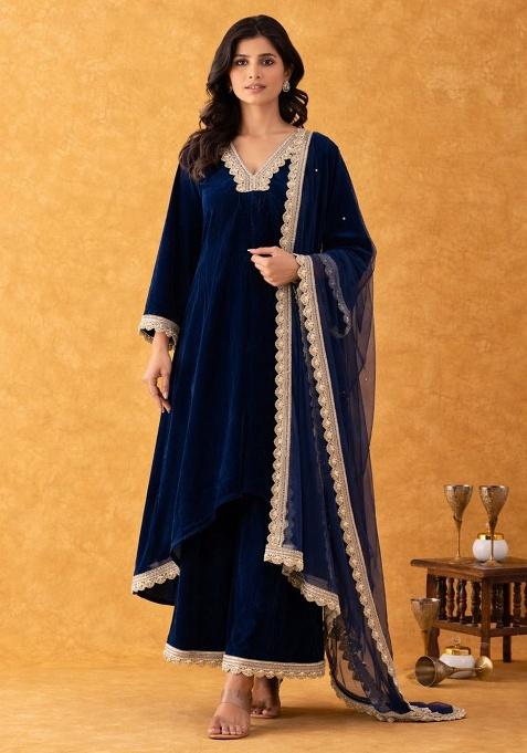 Midnight Blue Lace Work VELVET Suit Set