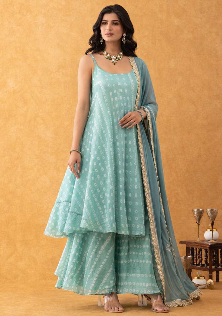 Seafoam Green Printed Silk Blend Sharara Set - Indya