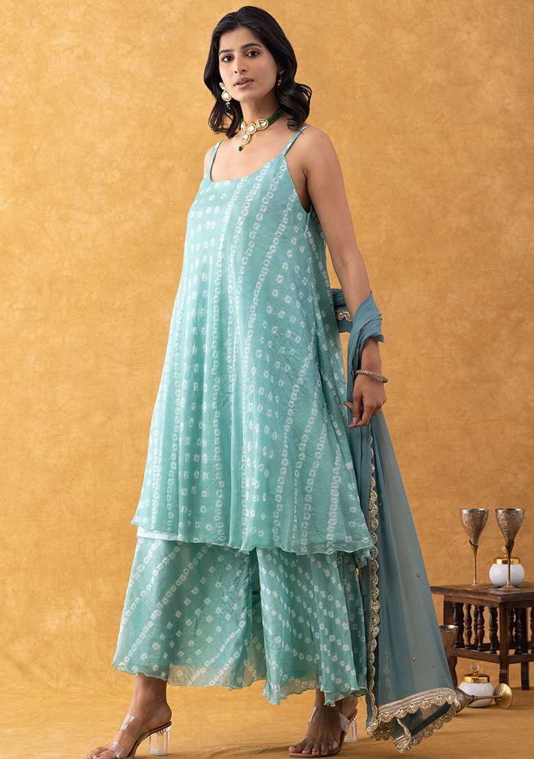 Seafoam Green Printed Silk Blend Sharara Set - Indya