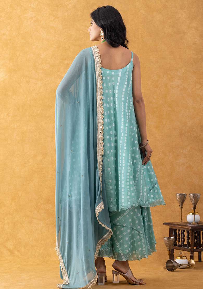 Seafoam Green Printed Silk Blend Sharara Set - Indya