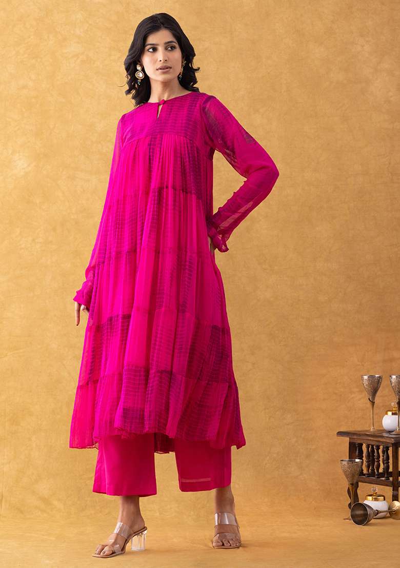 Magenta Solid Cotton A Line Kurta Set - Indya