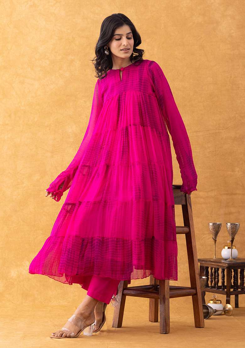 Magenta Solid Cotton A Line Kurta Set - Indya