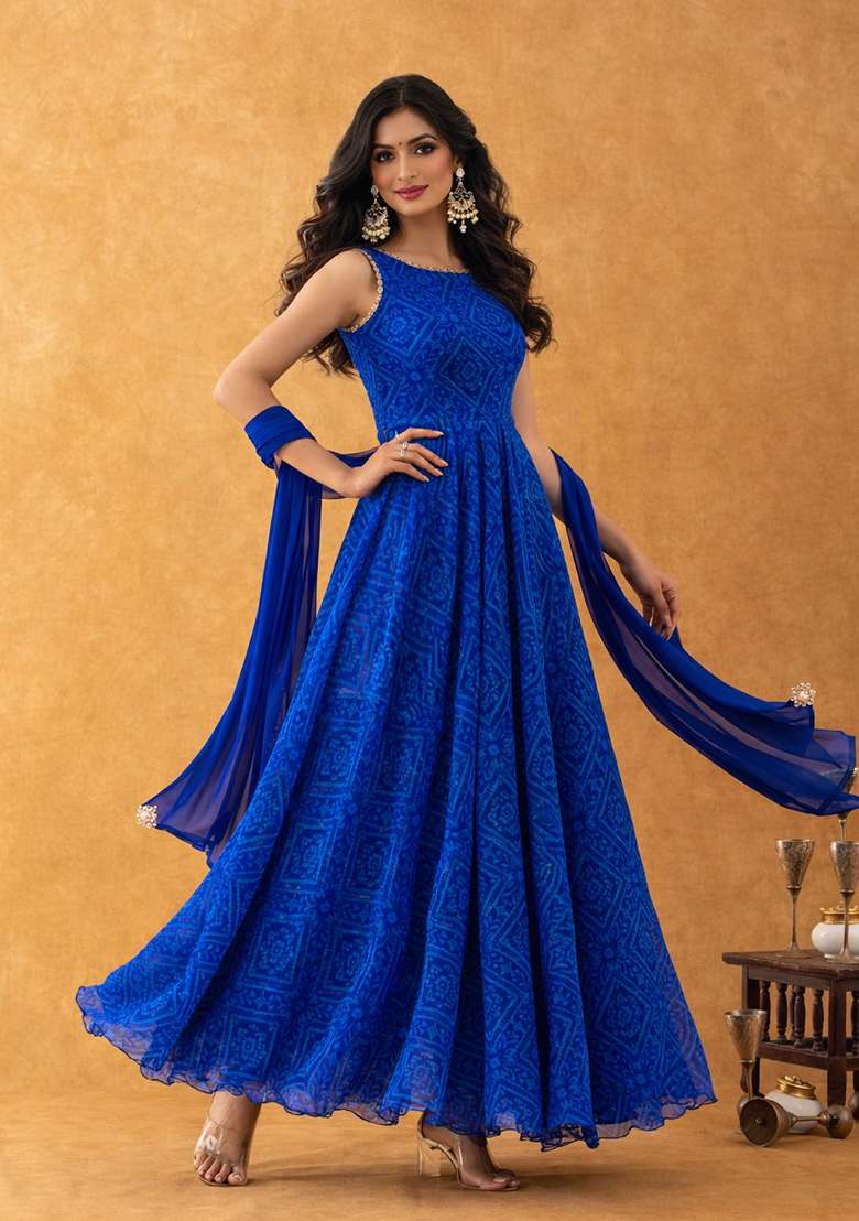 Blue Bandhani Cotton Anarkali With Dupatta - Indya