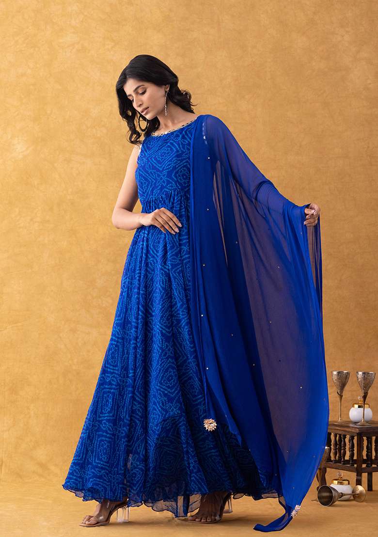 Blue Bandhani Cotton Anarkali With Dupatta - Indya