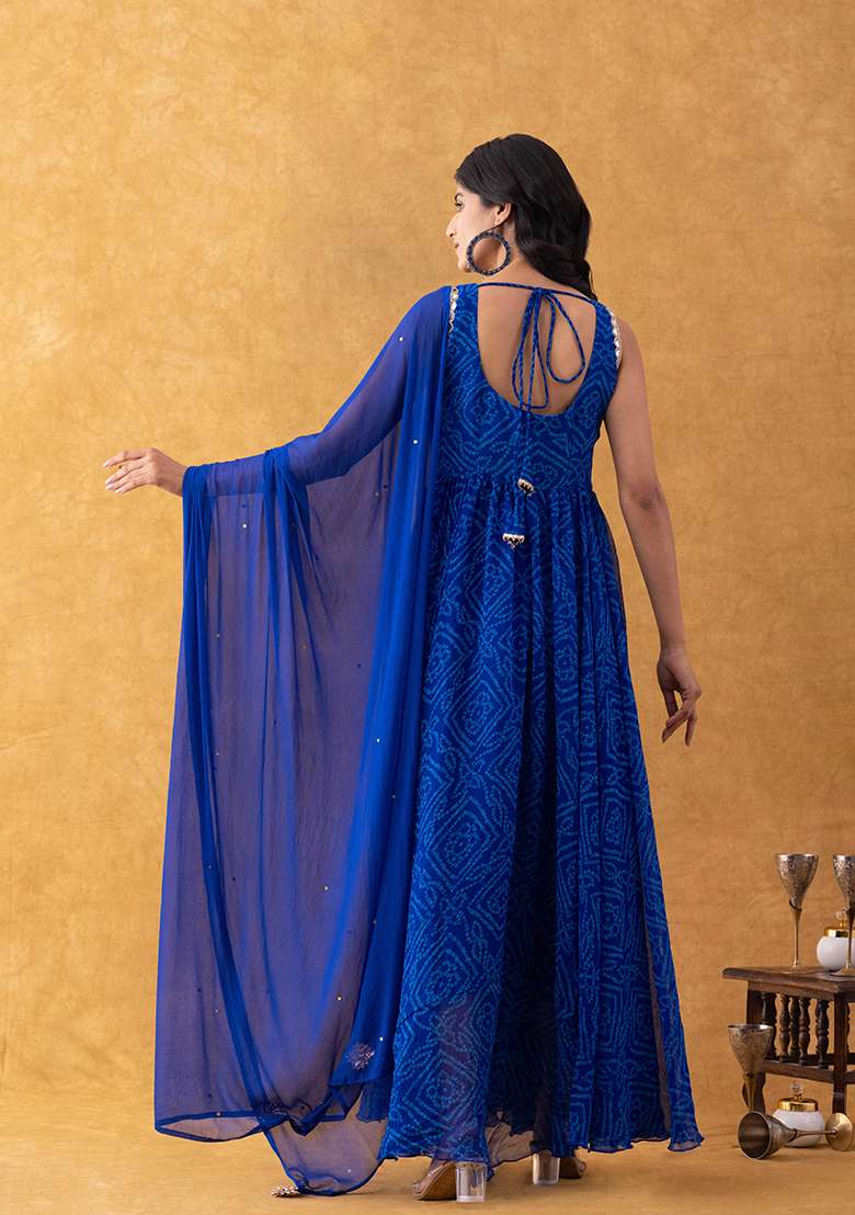 Blue Bandhani Cotton Anarkali With Dupatta - Indya