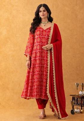 Red Bandhani Silk Suit Set