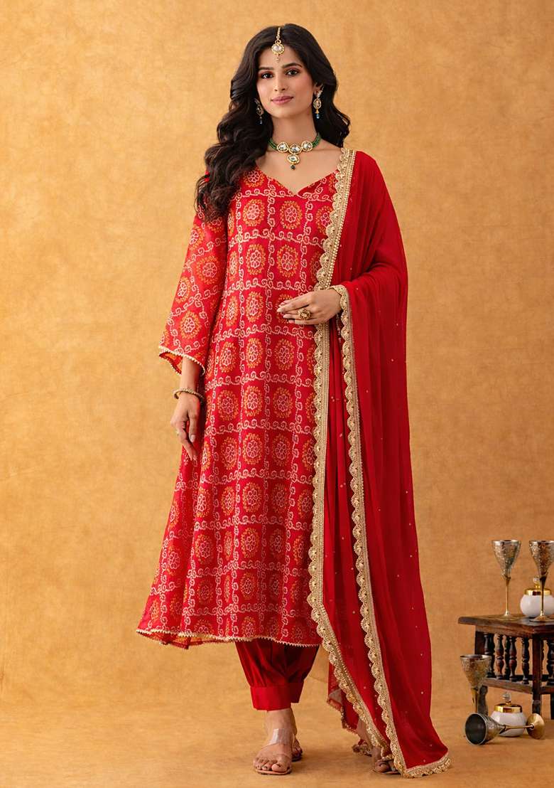 Red Bandhani Silk Blend A Line Kurta Set - Indya