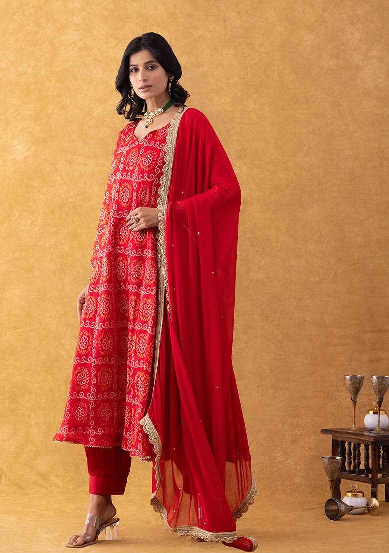 Red Bandhani Silk Blend A Line Kurta Set - Indya
