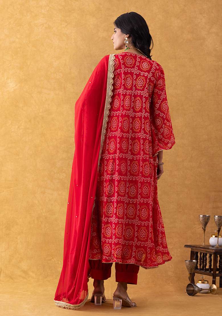 Red Bandhani Silk Blend A Line Kurta Set - Indya