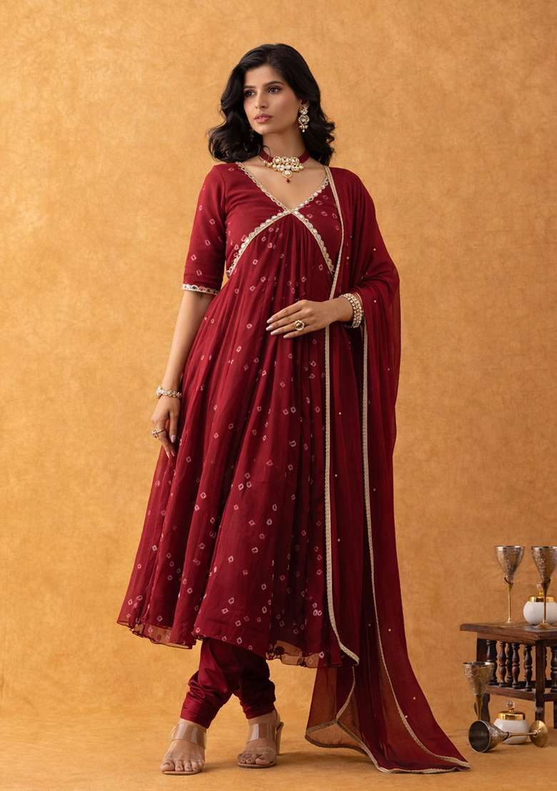 Maroon Bandhani Cotton Anarkali With Dupatta - Indya