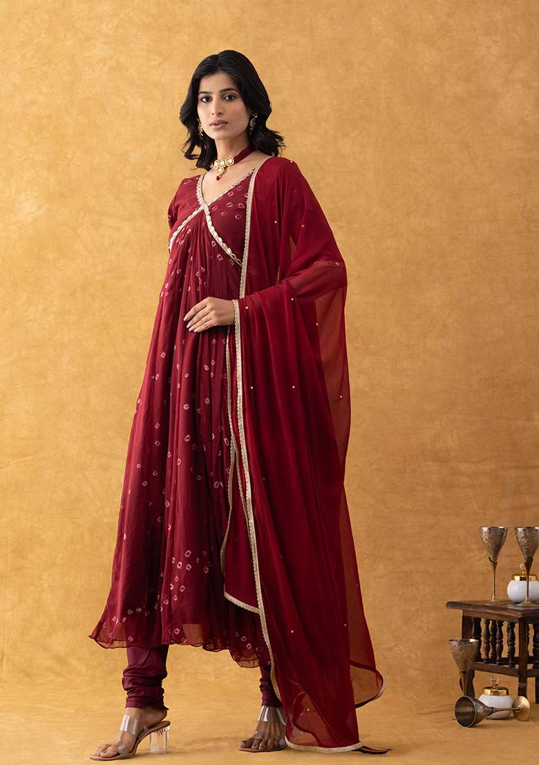 Maroon Bandhani Cotton Anarkali With Dupatta - Indya