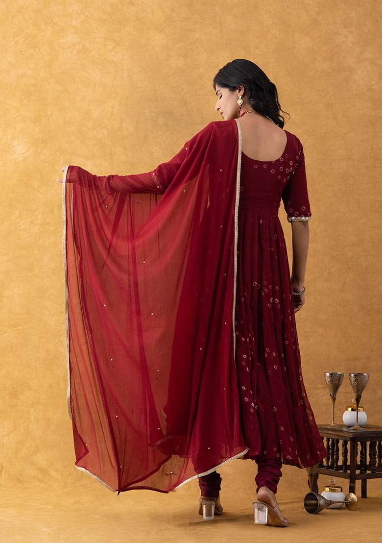 Maroon Bandhani Cotton Anarkali With Dupatta - Indya