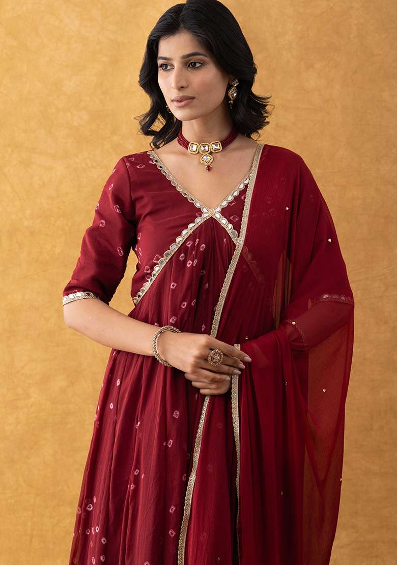 Maroon Bandhani Cotton Anarkali With Dupatta - Indya