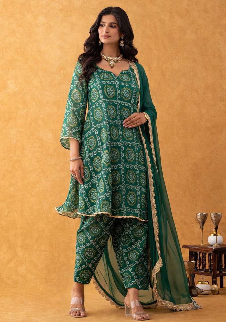 Green Bandhani Silk Blend Punjabi Suit - Indya