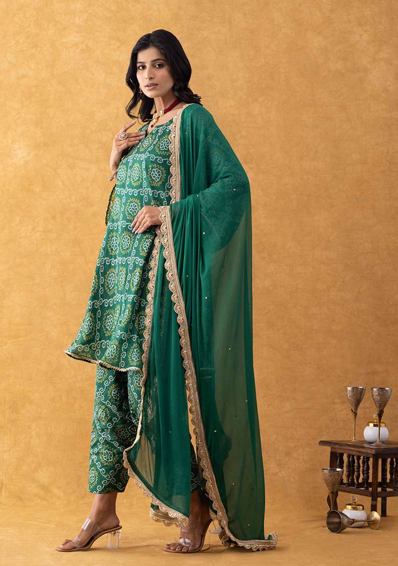 Green Bandhani Silk Blend Punjabi Suit - Indya
