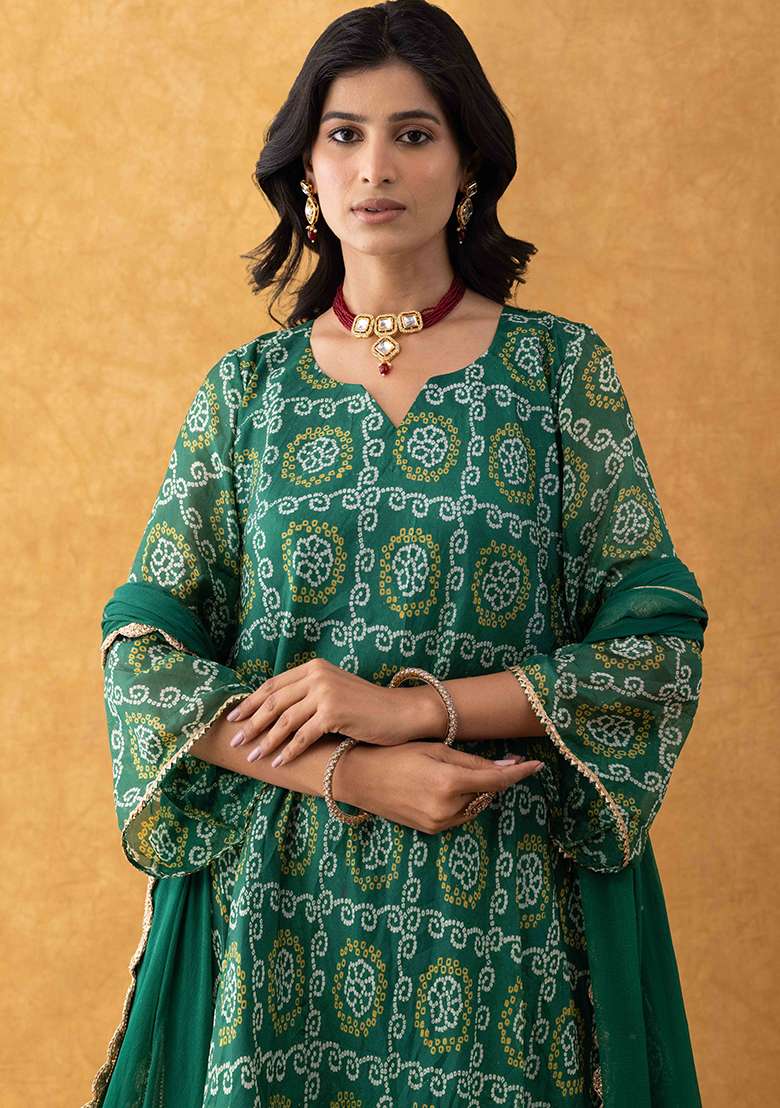 Green Bandhani Silk Blend Punjabi Suit - Indya