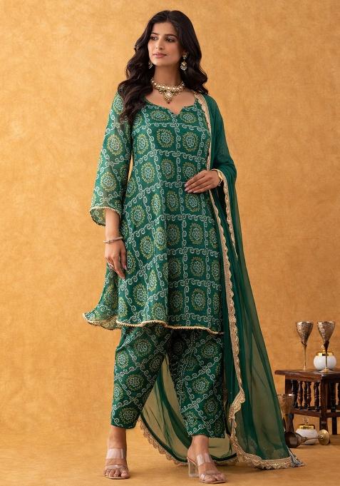 Green Bandhani Silk Suit Set