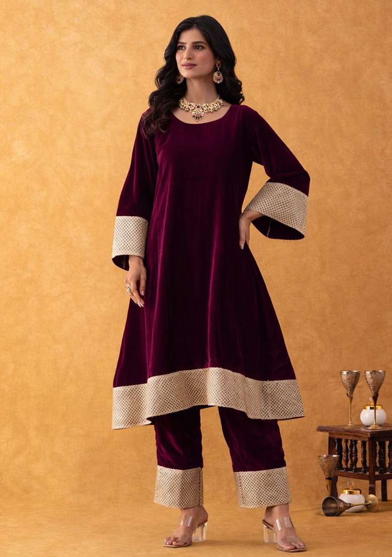 Wine Zari Work Velvet A Line Kurta Set - Indya