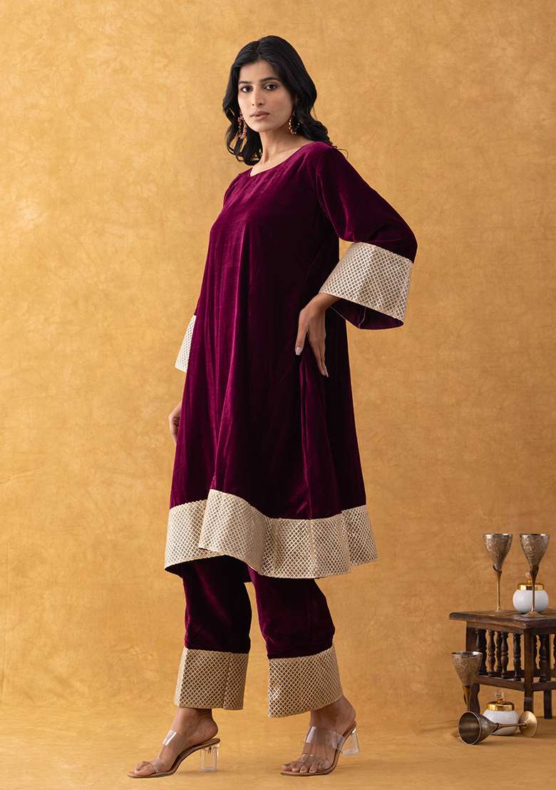 Wine Zari Work Velvet A Line Kurta Set - Indya