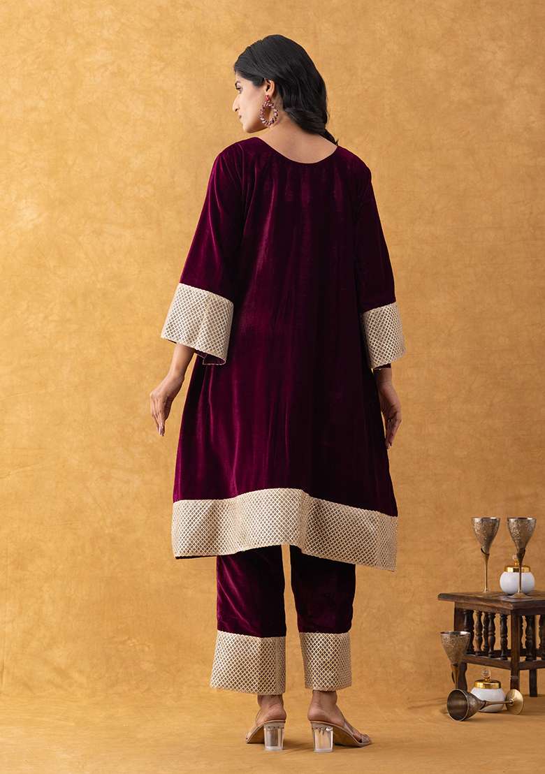 Wine Zari Work Velvet A Line Kurta Set - Indya