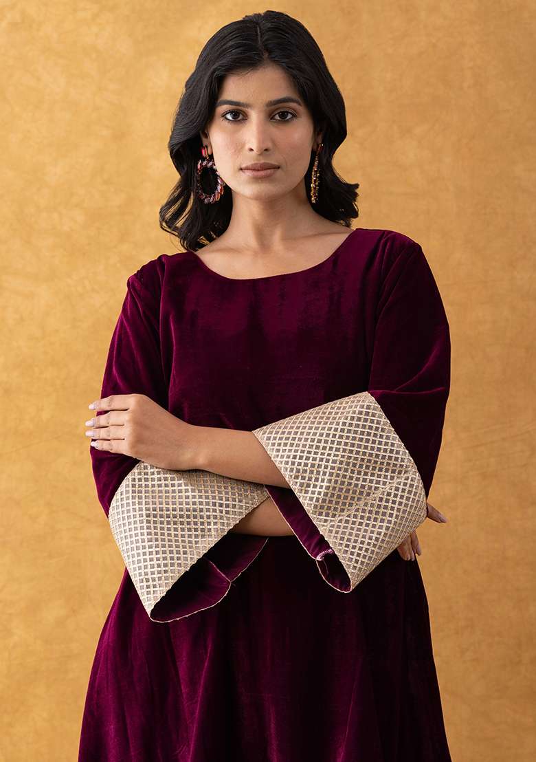 Wine Zari Work Velvet A Line Kurta Set - Indya