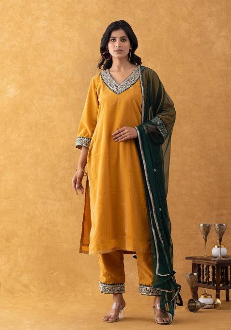 Mustard Lace Work VELVET Suit Set
