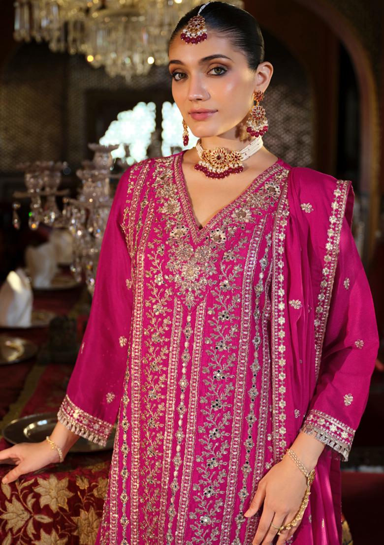 Pink Embroidery Silk Kurta Set - Indya