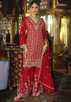 Red Embroidery Silk Kurta Set