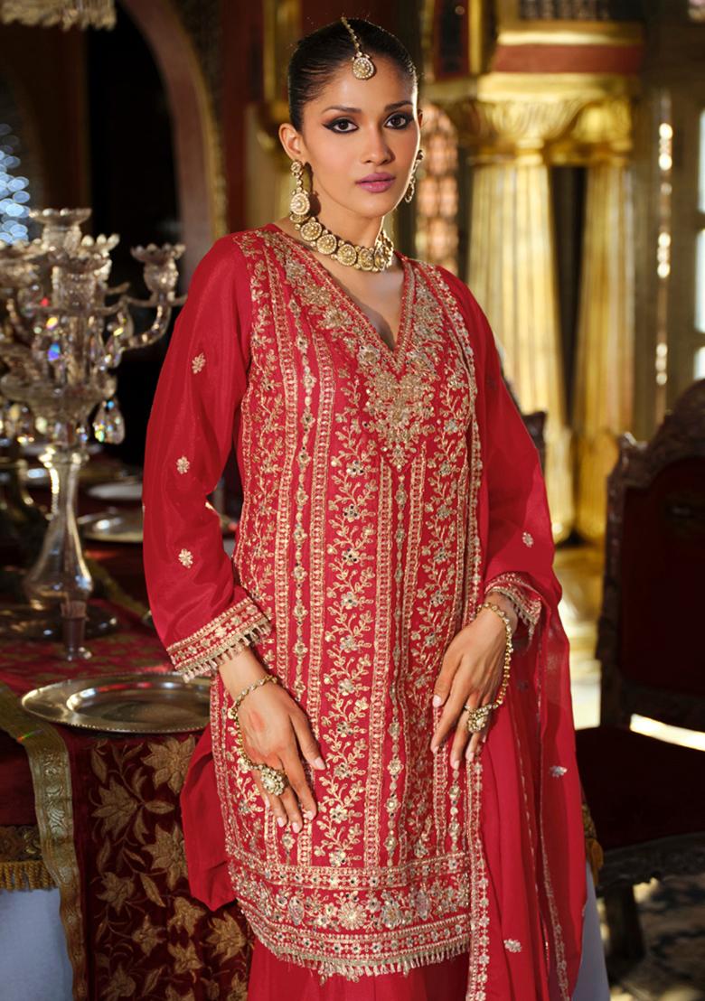 Red Embroidery Silk Kurta Set - Indya