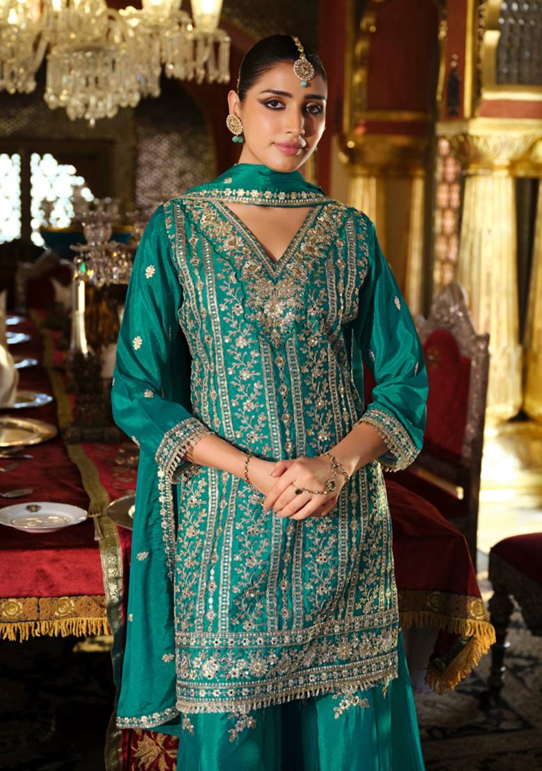 Turquoise Embroidery Silk Kurta Set - Indya