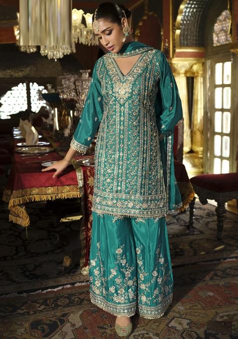 Turquoise Embroidery Silk Kurta Set