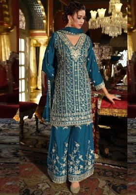Aqua Blue Embroidery Silk Kurta Set