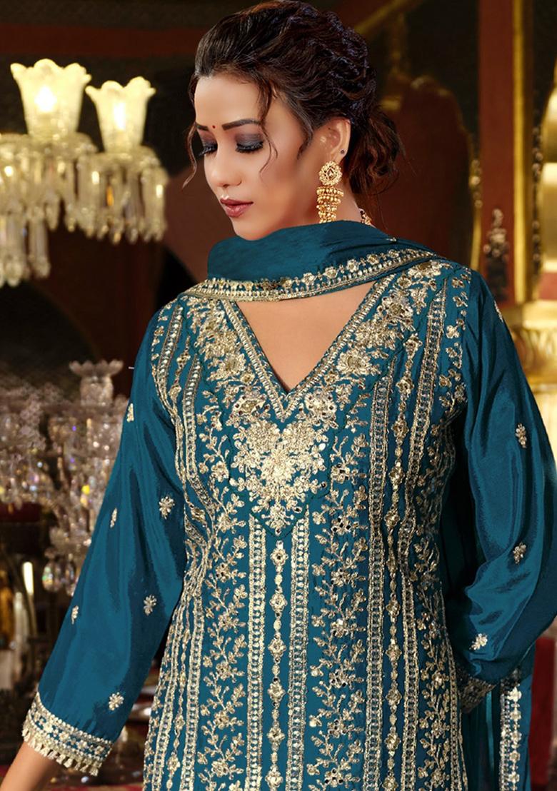 Aqua Blue Embroidery Silk Kurta Set - Indya