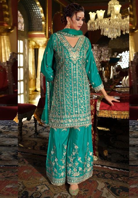 Aqua Green Embroidery Silk Kurta Set