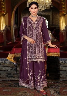 Wine Embroidery Silk Kurta Set