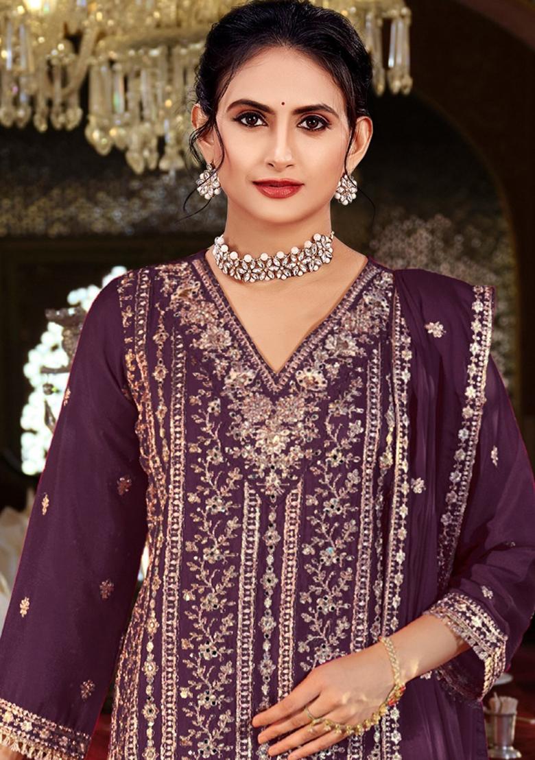 Wine Embroidery Silk Kurta Set - Indya