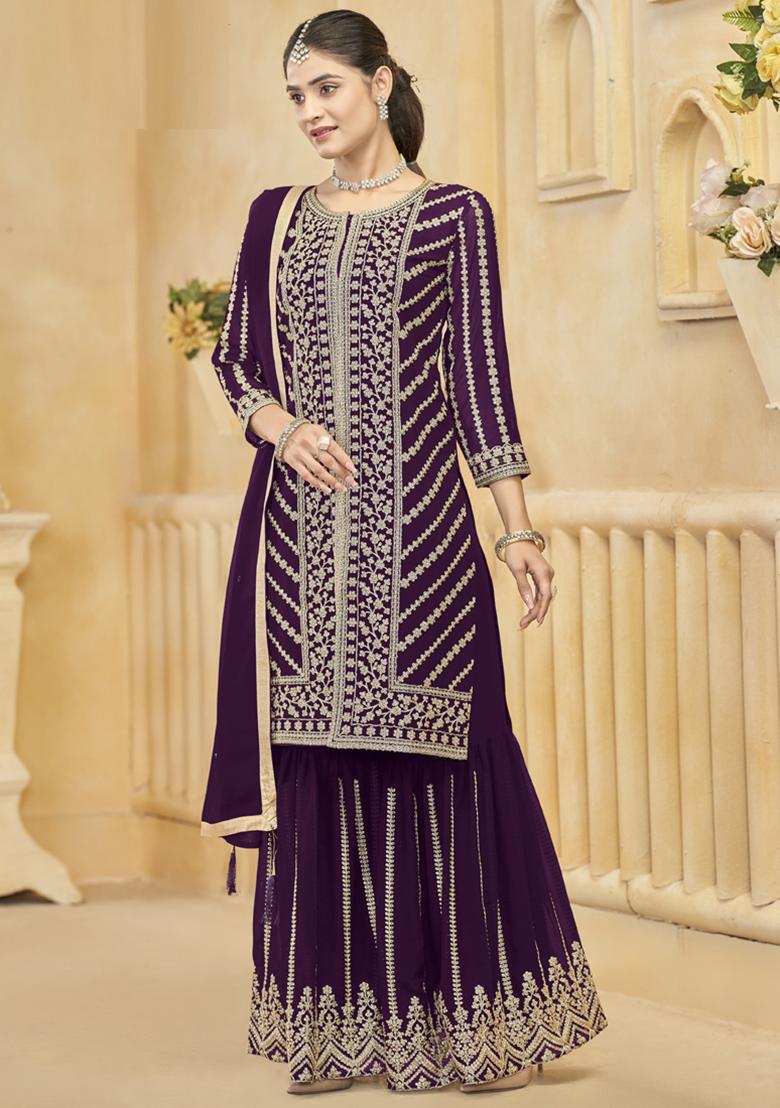 Purple Embroidery Georgette Kurta Set - Indya