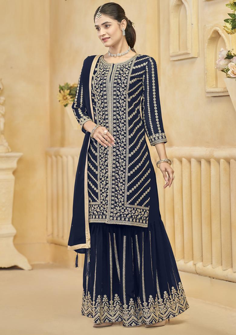 Blue Embroidery Georgette Kurta Set - Indya