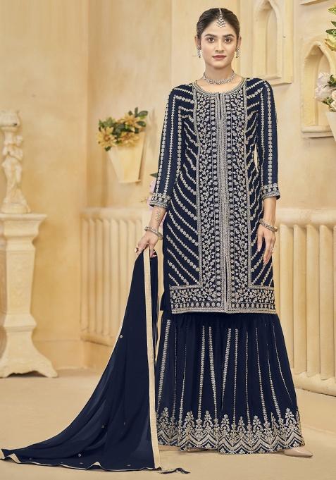 Blue Embroidery Georgette Kurta Set