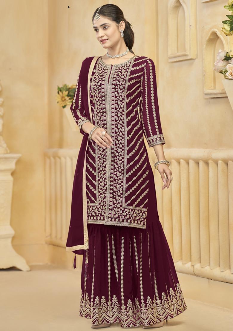 Maroon Embroidery Georgette Kurta Set - Indya